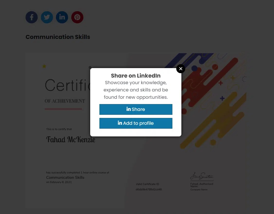 wpinnovators product certificate verify and share for tutorlms certificate share on linkedin image