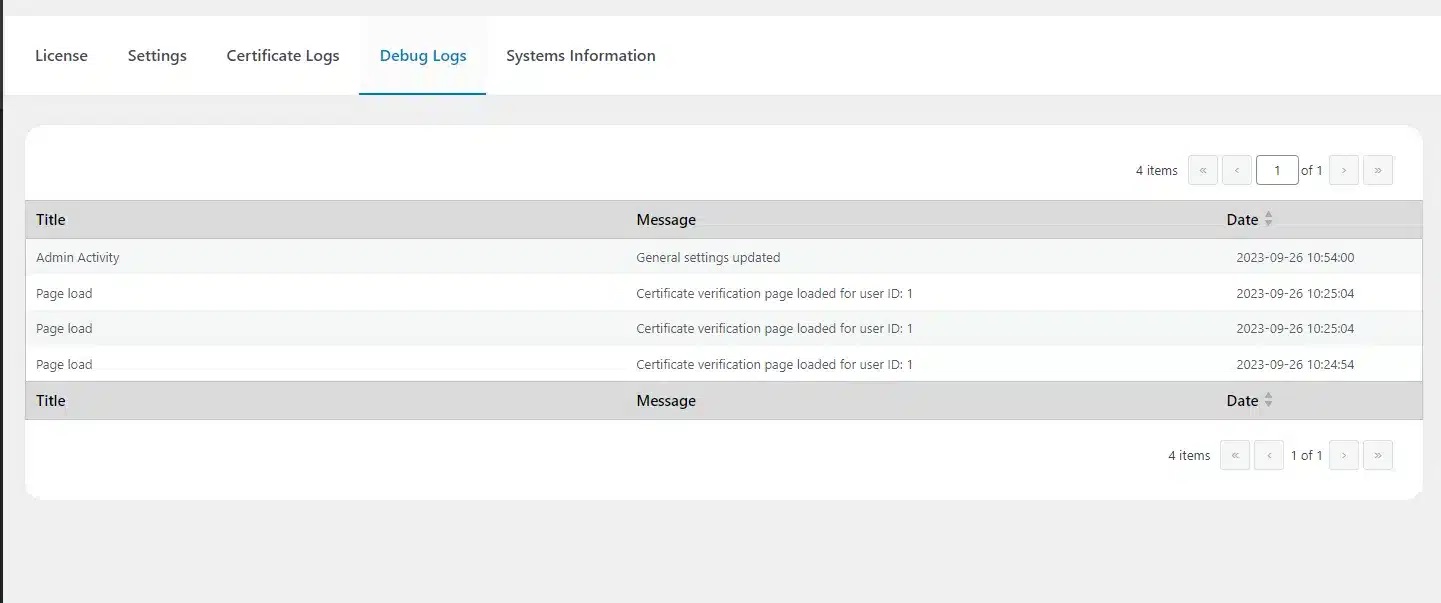 wpinnovators product certificate verify and share for tutorlms debug logs image