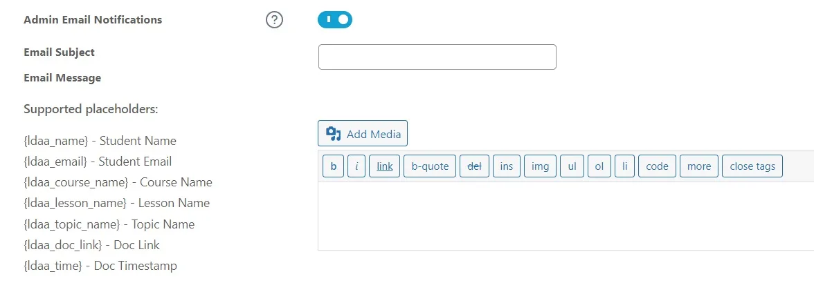 wpinnovators product audio assignment for learndash admin email notifications settings image