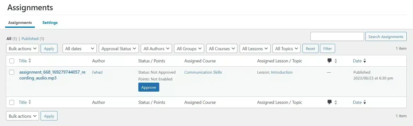 wpinnovators product audio assignment for learndash assignments backend listing screen image