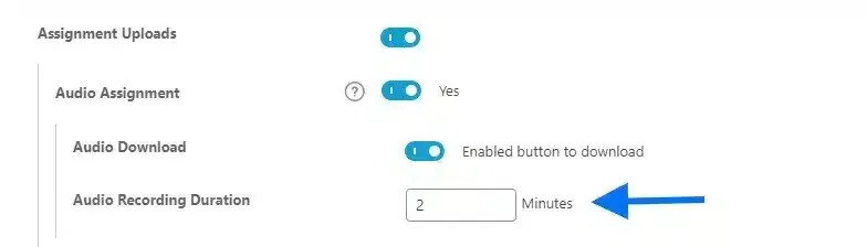 wpinnovators product audio assignment for learndash audio recording duration settings image
