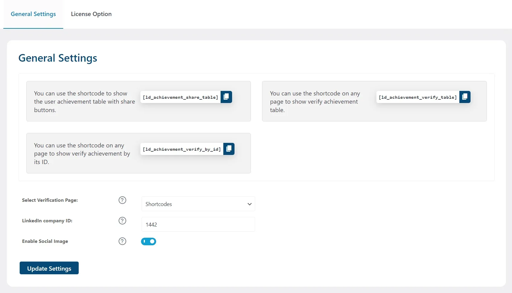 wpinnovators product achievements verify and share for learndash general settings image