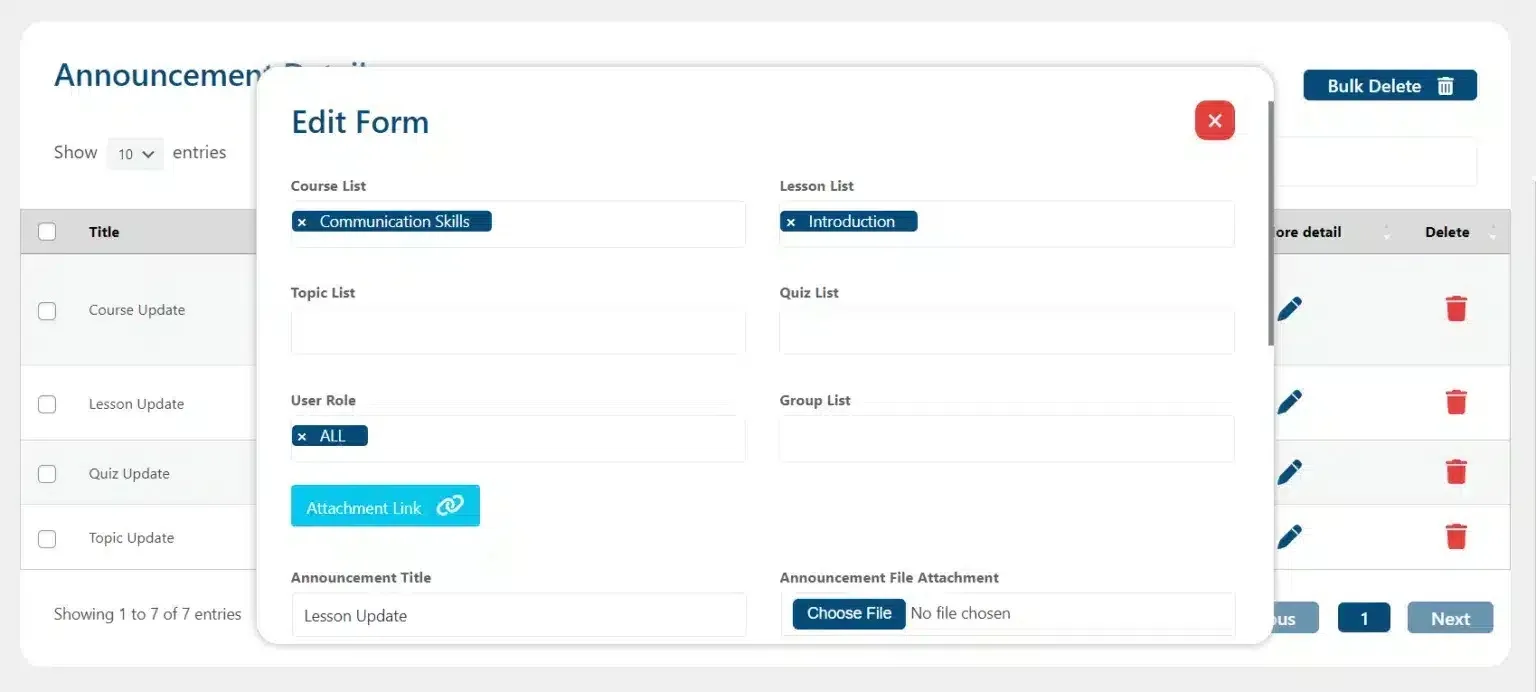 wpinnovators product announcements for learndash announcement lists edit form popup image