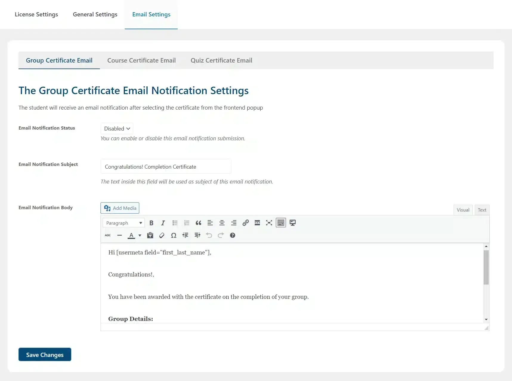 wpinnovators product multi choice certificates for learndash email settings group certificate email image