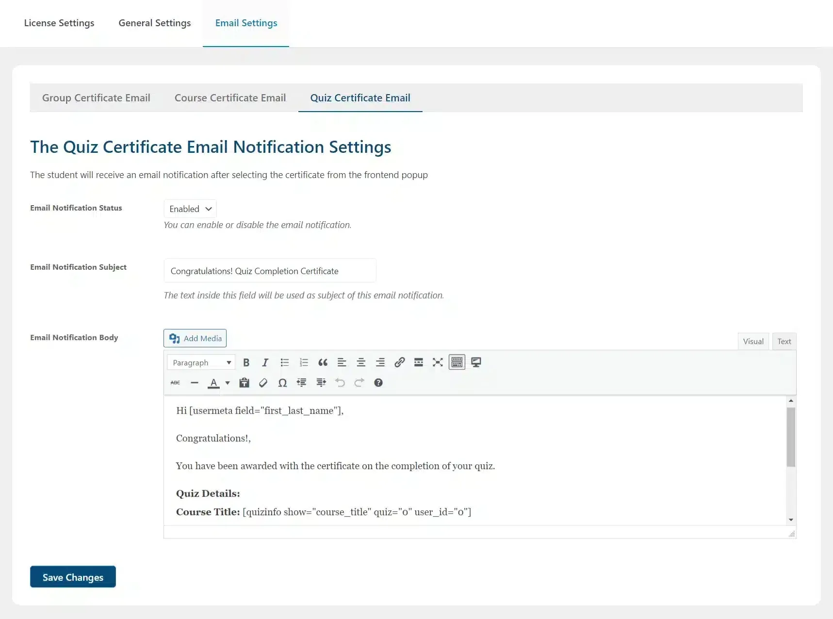 wpinnovators product multi choice certificates for learndash email settings quiz certificate email image