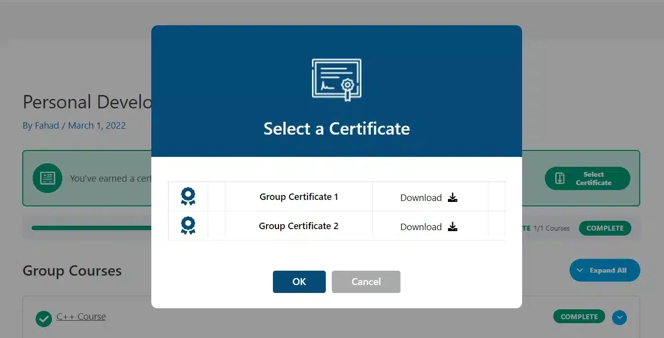 wpinnovators product multi choice certificates for learndash group select a certificate for download frontend image