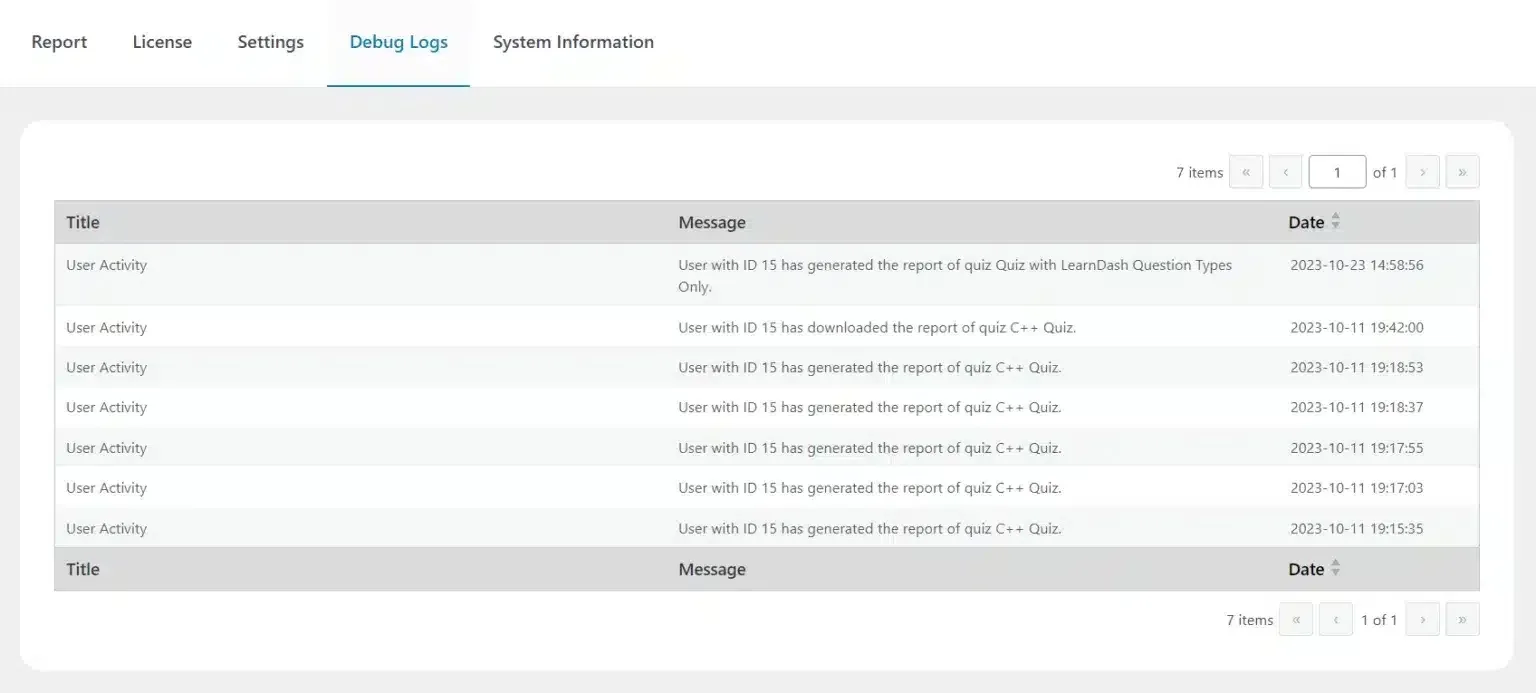 wpinnovators product quiz reports for learndash debug logs image