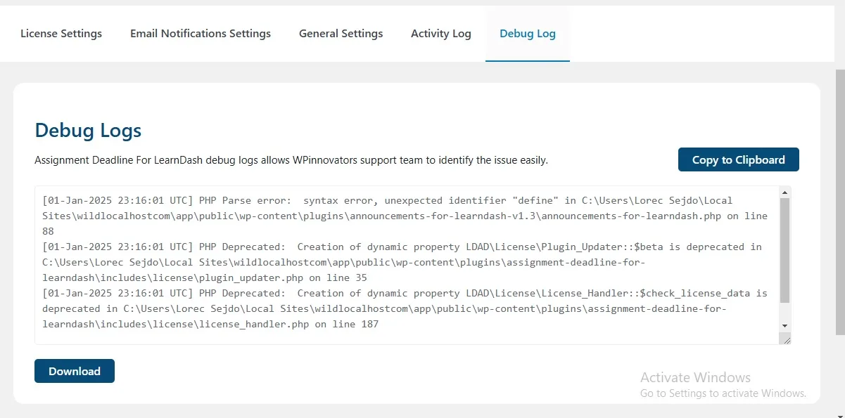 wpinnovators product assignment deadline for learndash debug logs image