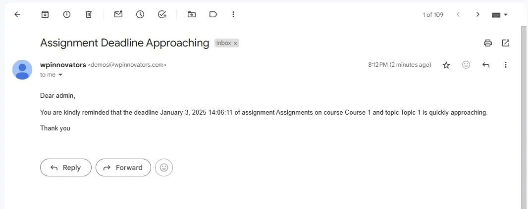 wpinnovators product assignment deadline for tutorlms assignment deadline approaching email image