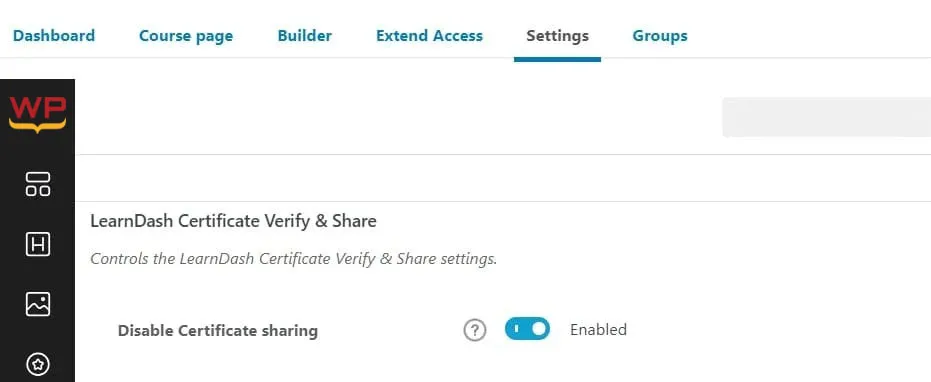 wpinnovators product certificate verify and share for learndash disable certificate sharing settings image
