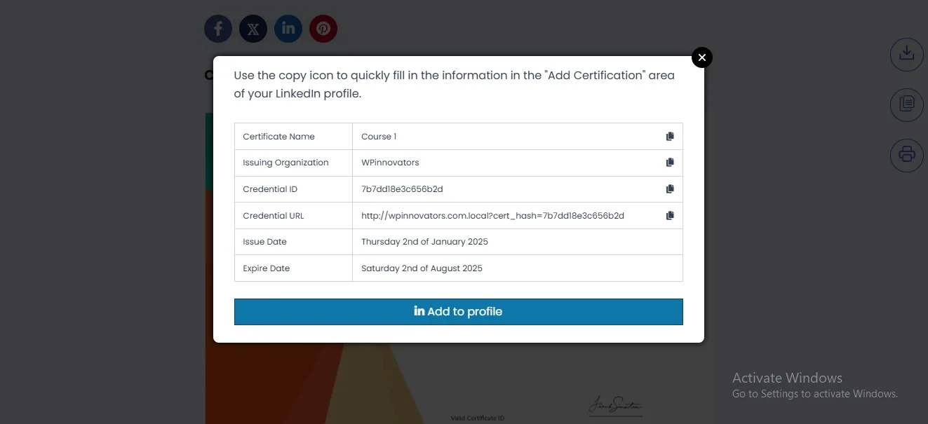 wpinnovators product certificate verify and share for tutorlms add certificate on linkedin profile image