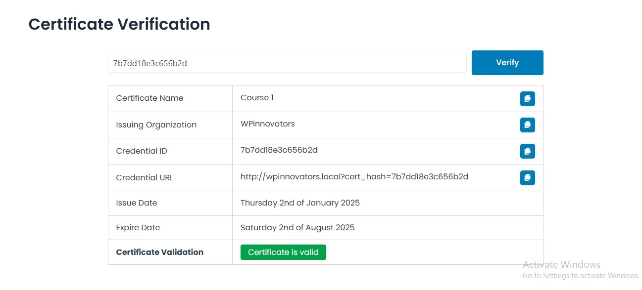 wpinnovators product certificate verify and share for tutorlms certificate verification image