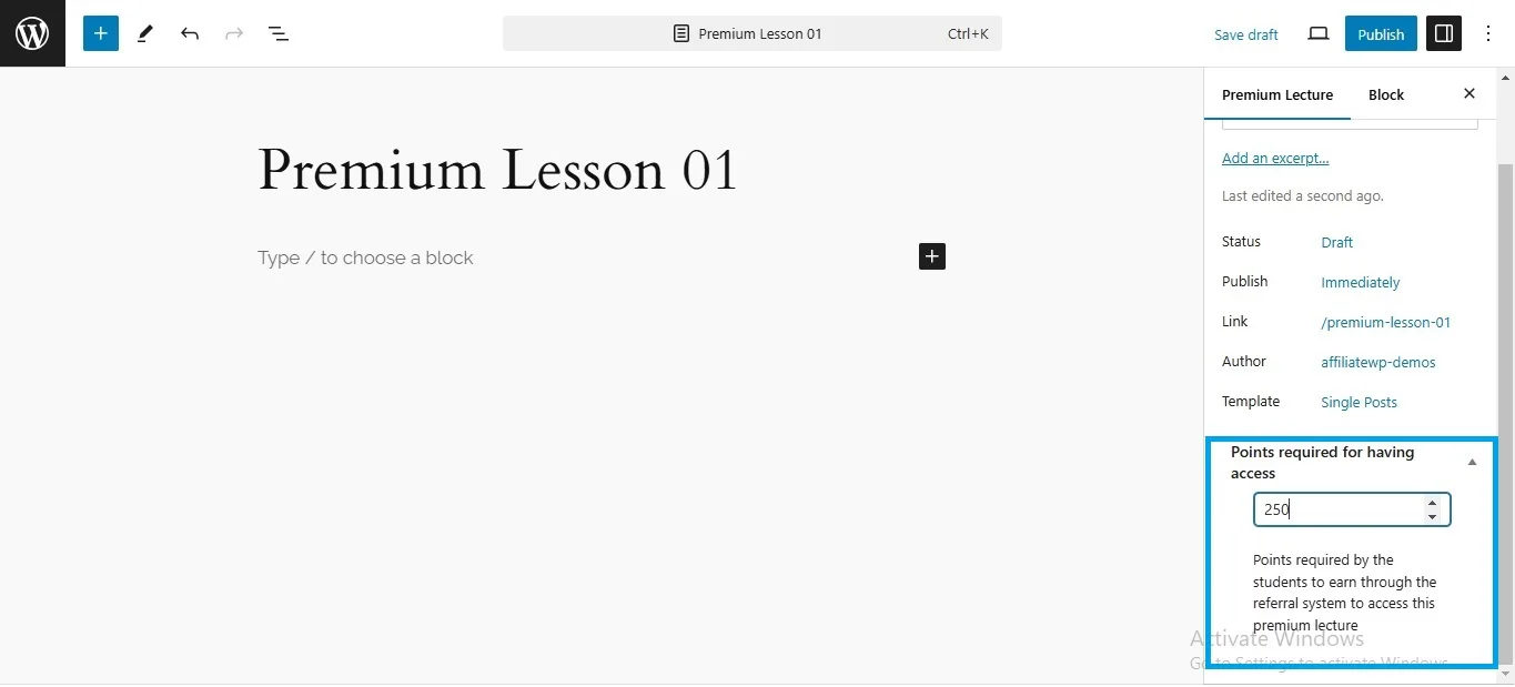 wpinnovators product learndash advanced integration for affiliatewp points required for having access premium lecture gutenberg editor image