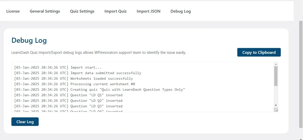 wpinnovators product quiz import export for learndash debug log image