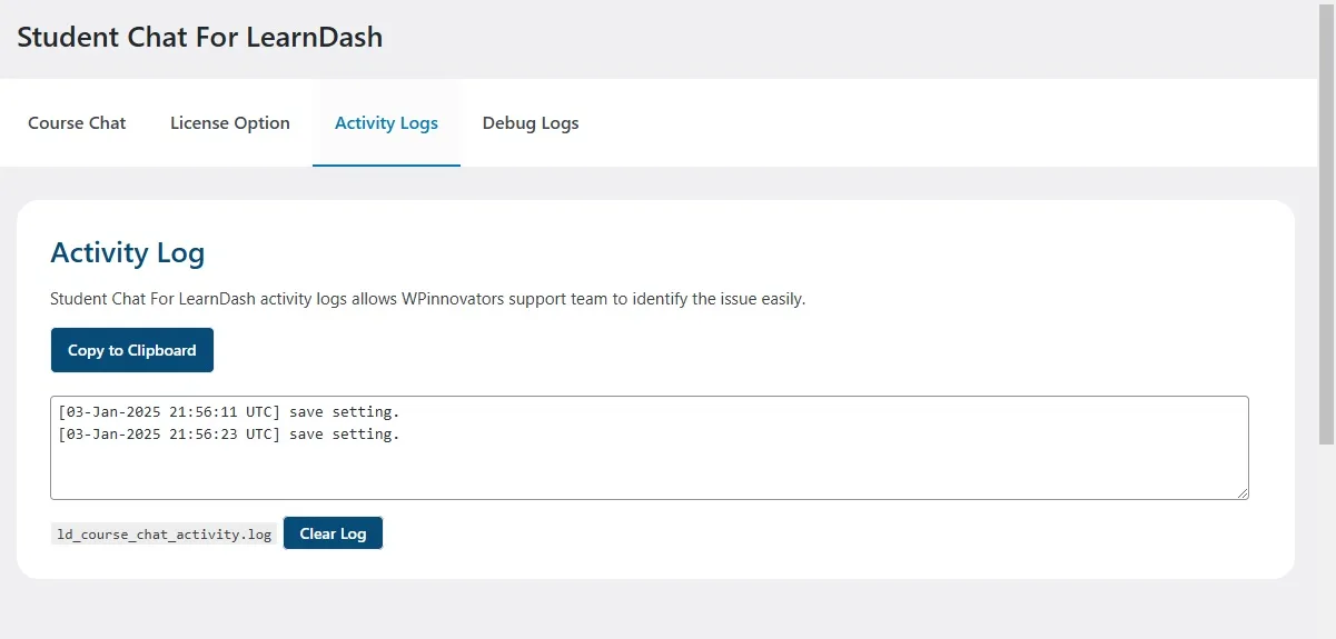 wpinnovators product student chat for learndash activity logs image