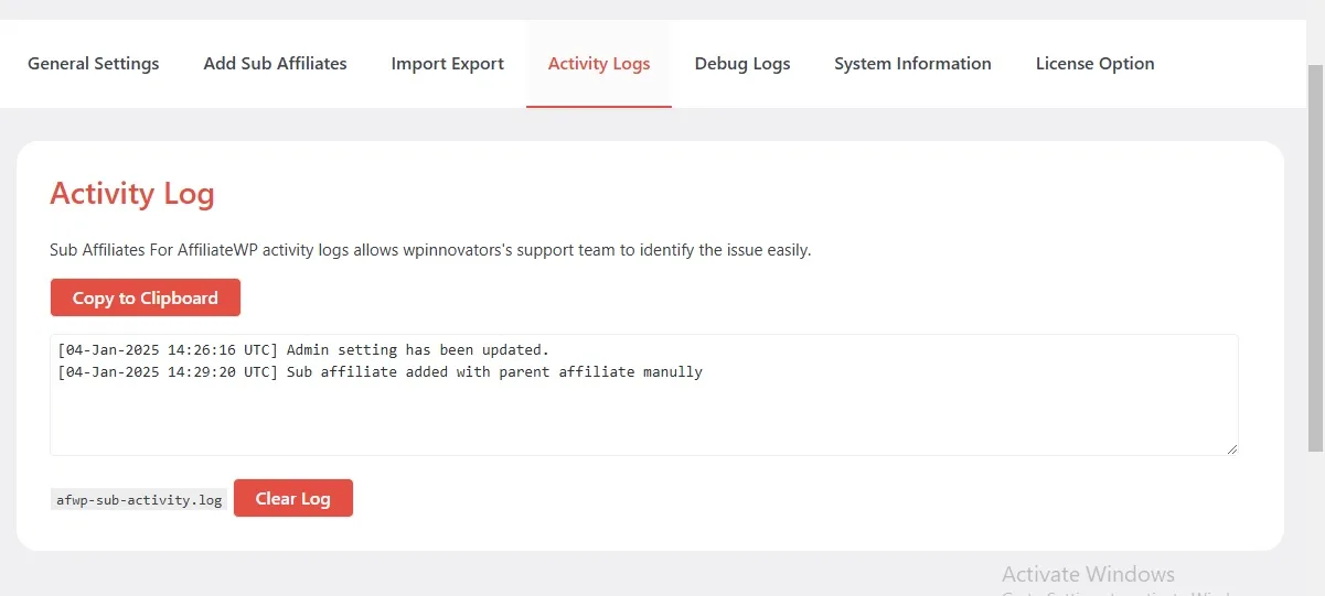 wpinnovators product sub affiliates for affiliatewp activity logs image